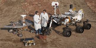 Size comparison of Mars Pathfinder, Spirit and Opportunity, and Curiosity rovers