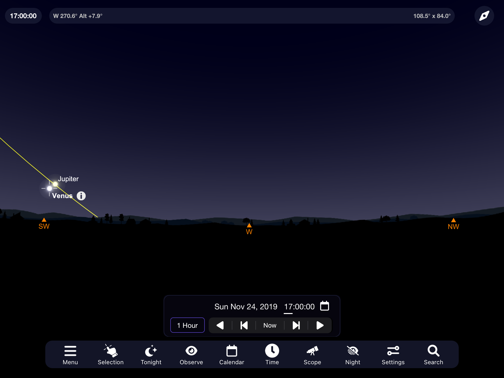 Jupiter and Venus low in the sky, November 2019