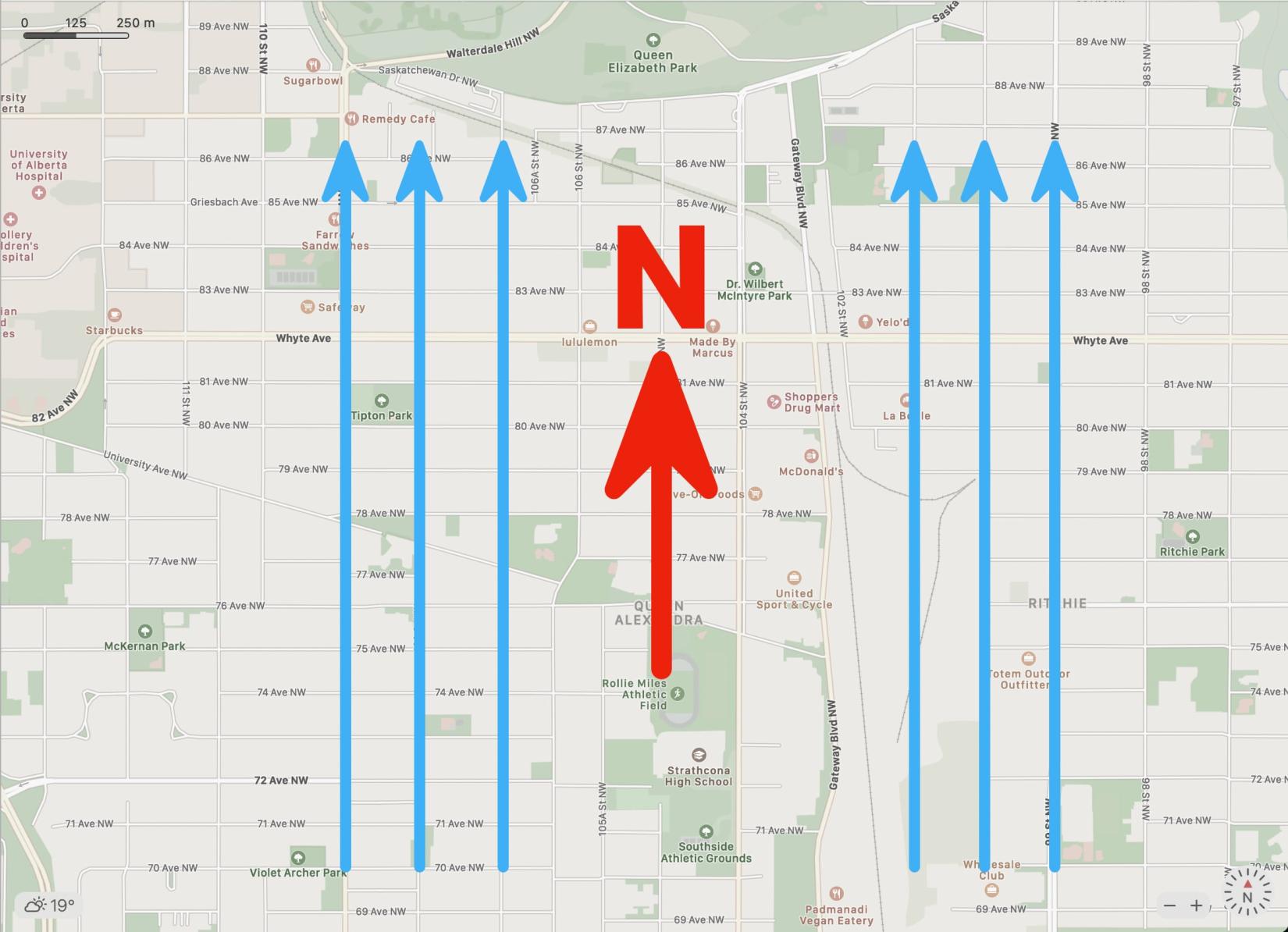Map of Edmonton showing the streets line up North-South